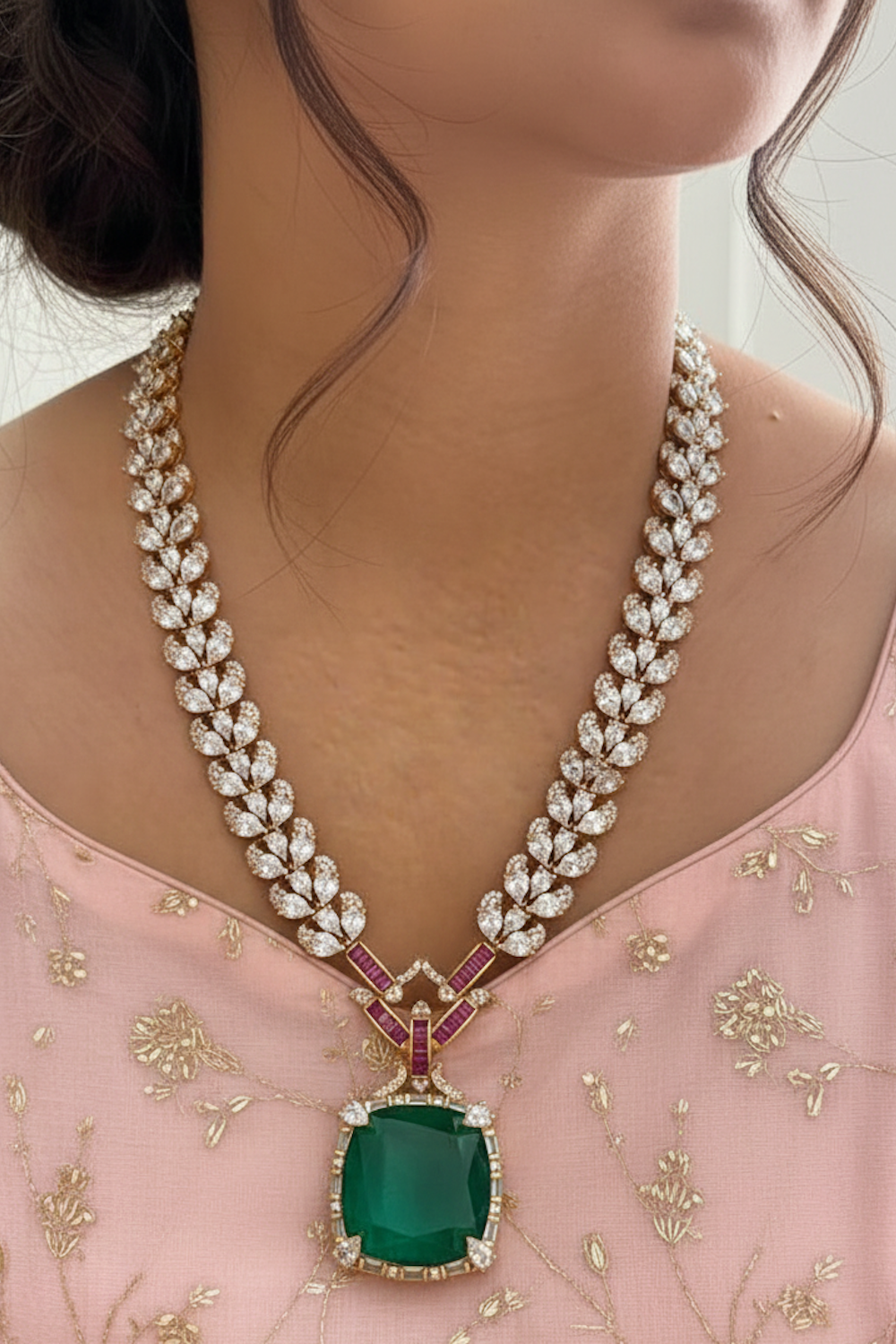 premium cubic zirconia gold link chain & square doublet pendant Set 