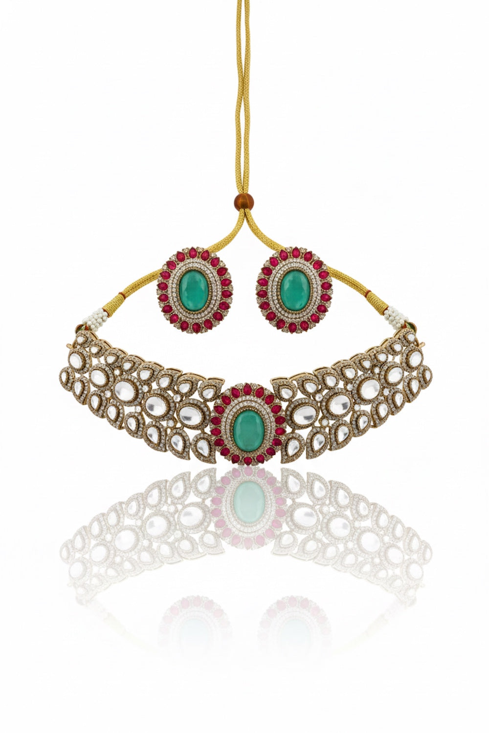 Champaign gold polish choker and big stud earrings with doublet with cubic zirconia pota ruby emerald and sapphire stone