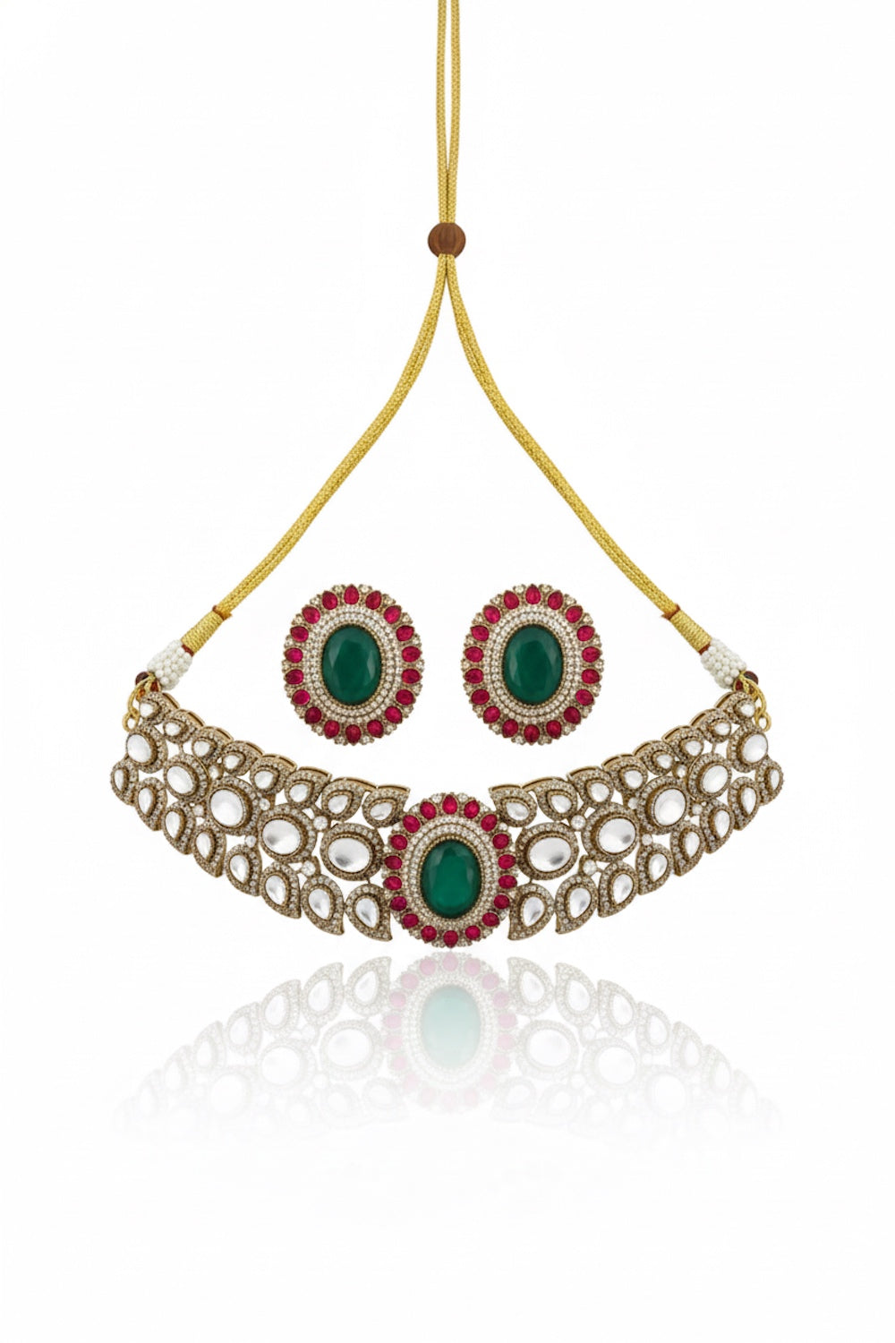 Champaign gold polish choker and big stud earrings with doublet with cubic zirconia pota ruby emerald and sapphire stone