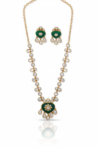 heritage emerald green polki kundan antique appal polish imitation long necklace earrings indian wedding bridal jewellery