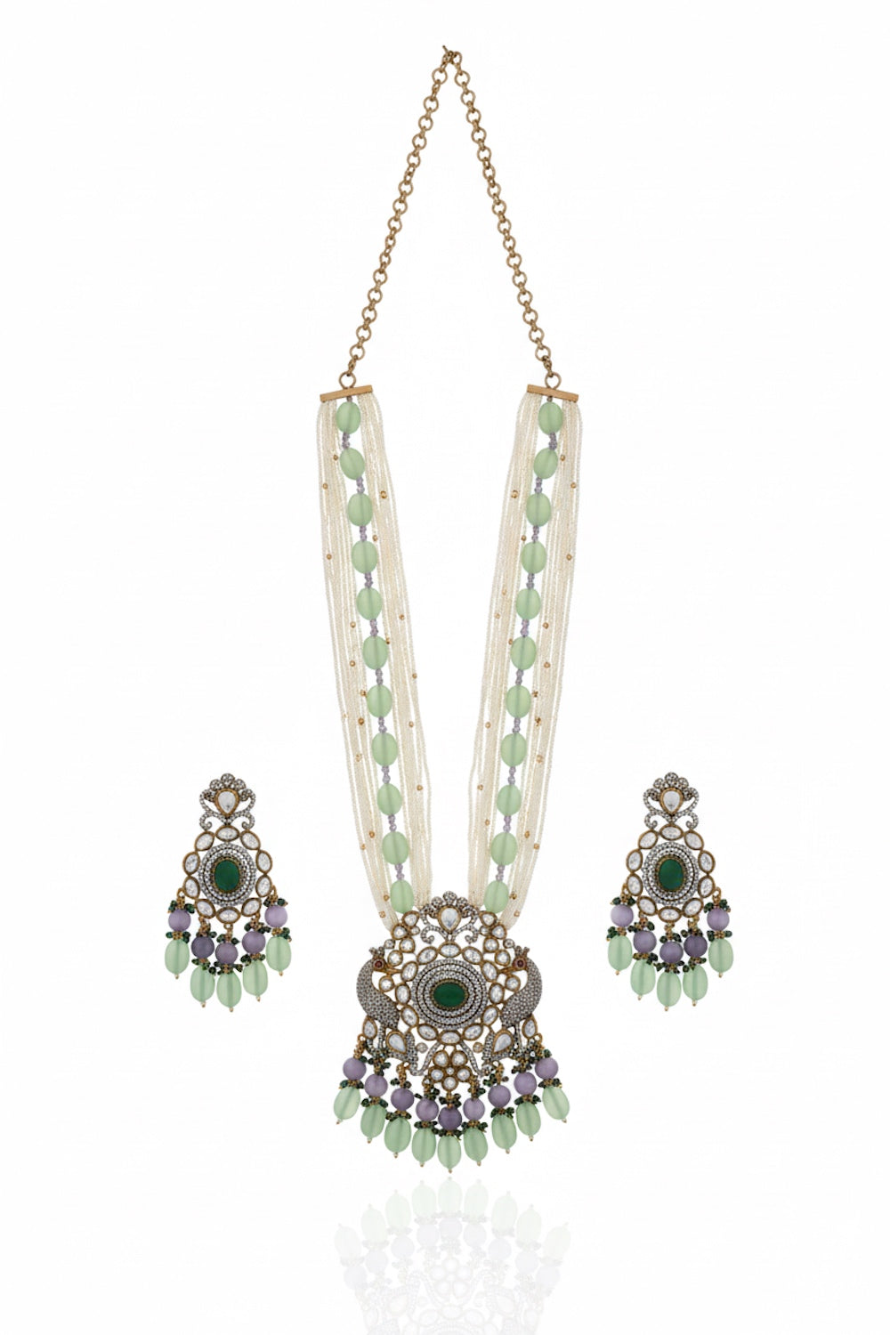 Victorian cz moissanite kundan fusion bridal long set ranihaar klnes250394