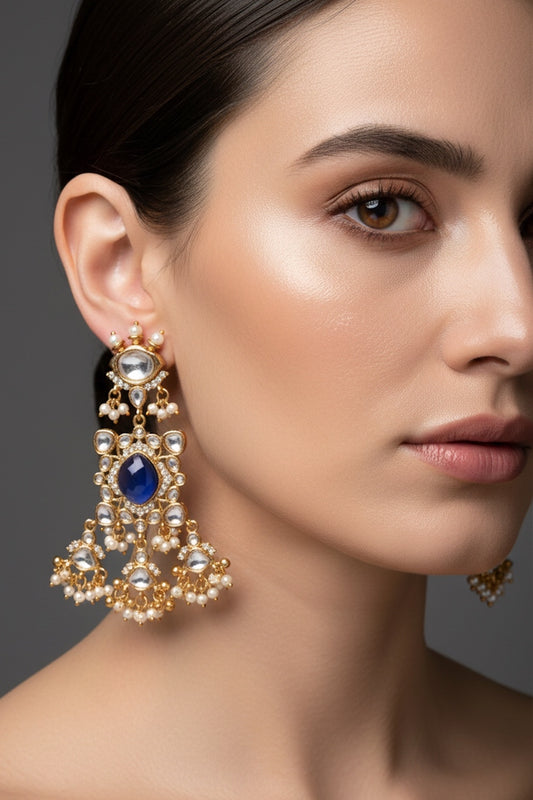 tanzanite blue stone kundan antique finish medium length lightweight chandbali earrings indian bridal