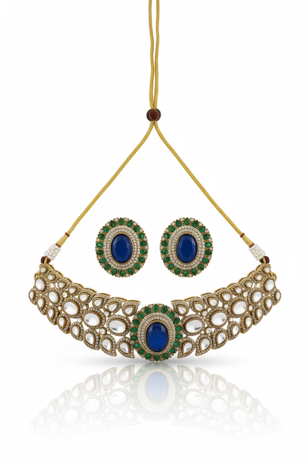 Champaign gold polish choker and big stud earrings with doublet with cubic zirconia pota ruby emerald and sapphire stone