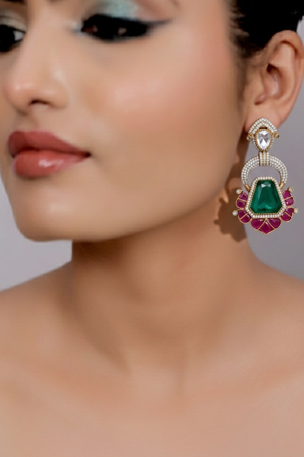 emerald doublet stone pota ruby cubic zirconia moissanite kundan dangle and drop earrings antique gold finish indian bridalm wedding jewellery