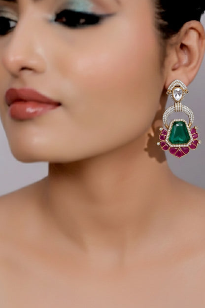 emerald doublet stone pota ruby cubic zirconia moissanite kundan dangle and drop earrings antique gold finish indian bridalm wedding jewellery