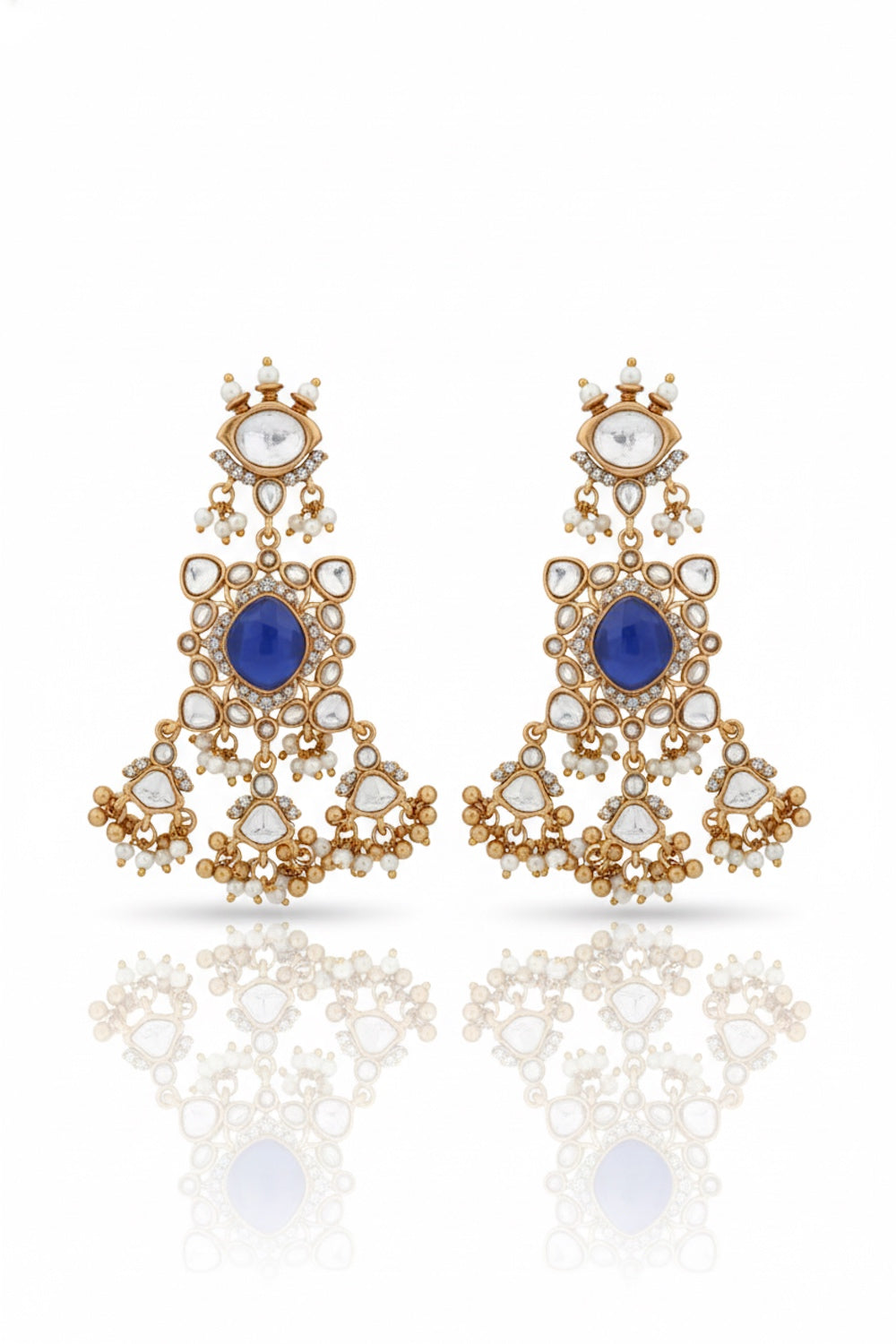 tanzanite blue stone kundan antique finish medium length lightweight chandbali earrings indian bridal