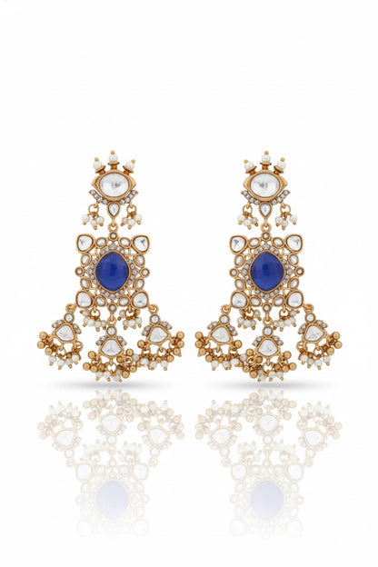 tanzanite blue stone kundan antique finish medium length lightweight chandbali earrings indian bridal
