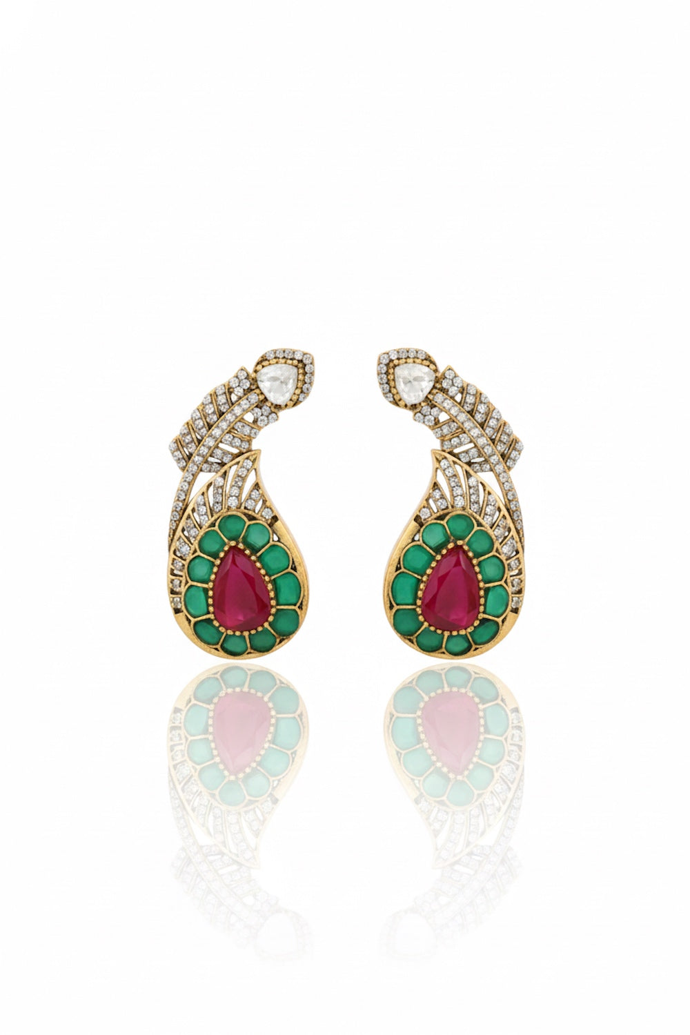 medium sized paisley shaped cz kundan doublet stud earrings