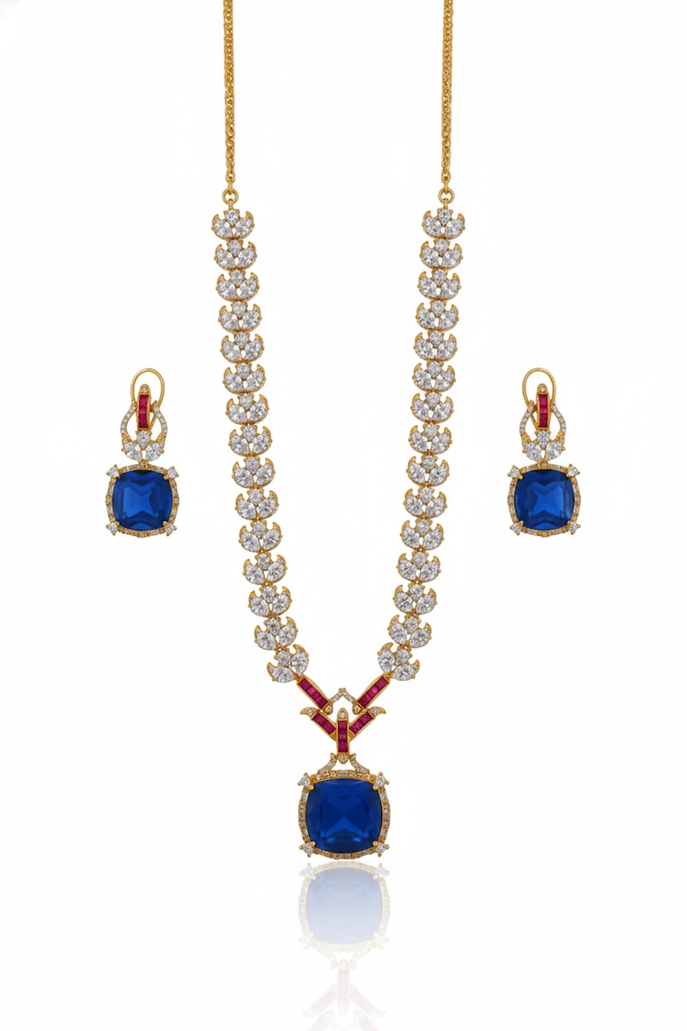 premium cubic zirconia gold link chain & square doublet pendant Set 