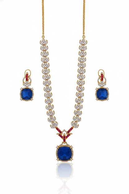 premium cubic zirconia gold link chain & square doublet pendant Set 