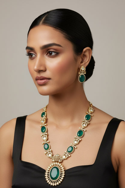 emerald gold polki long necklace set