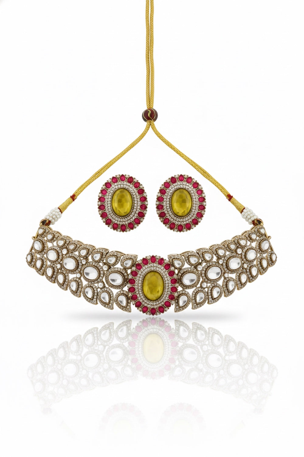 Champaign gold polish choker and big stud earrings with doublet with cubic zirconia pota ruby emerald and sapphire stone