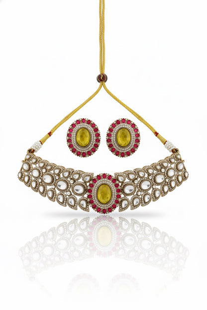 Champaign gold polish choker and big stud earrings with doublet with cubic zirconia pota ruby emerald and sapphire stone