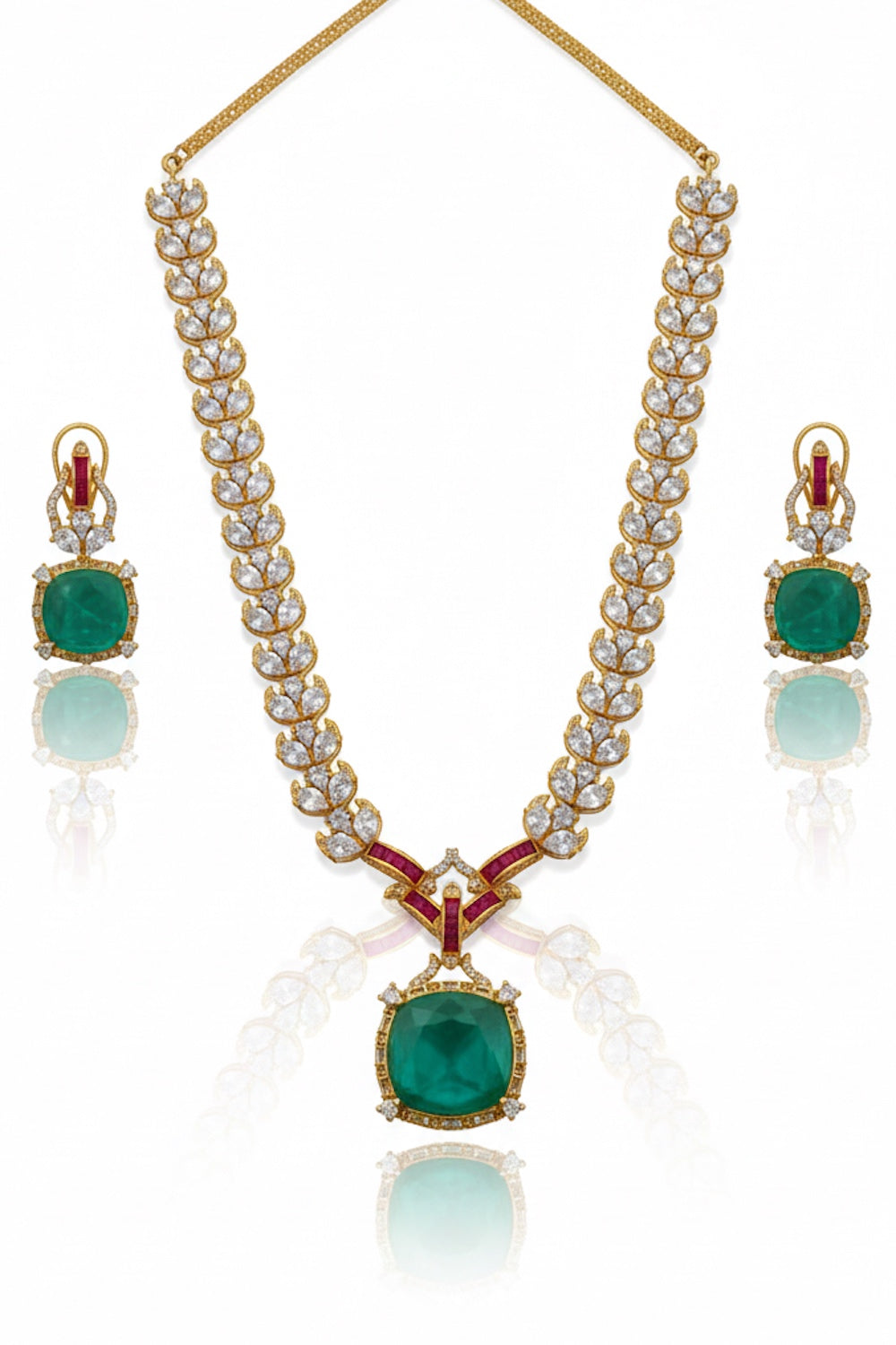 premium cubic zirconia gold link chain & square doublet pendant Set 