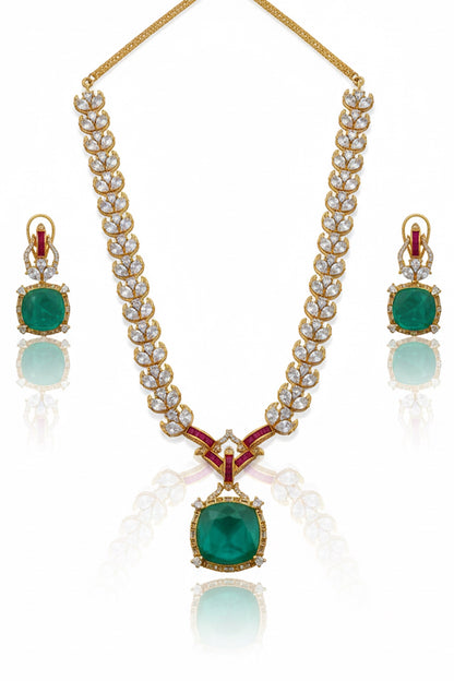 premium cubic zirconia gold link chain & square doublet pendant Set 