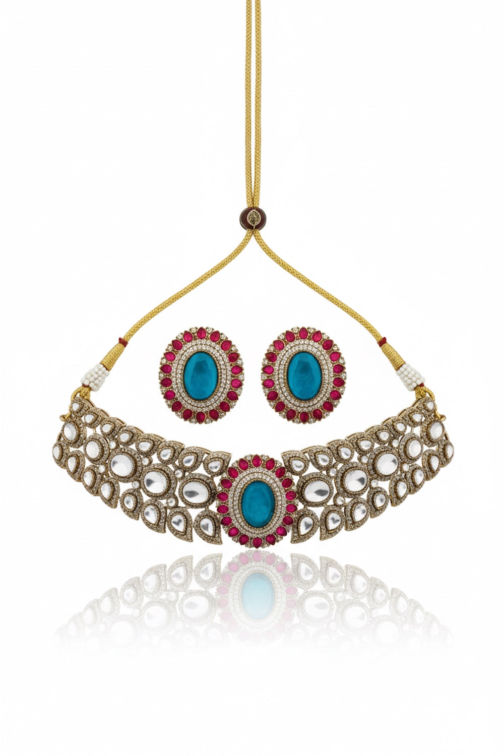Champaign gold polish choker and big stud earrings with doublet with cubic zirconia pota ruby emerald and sapphire stone