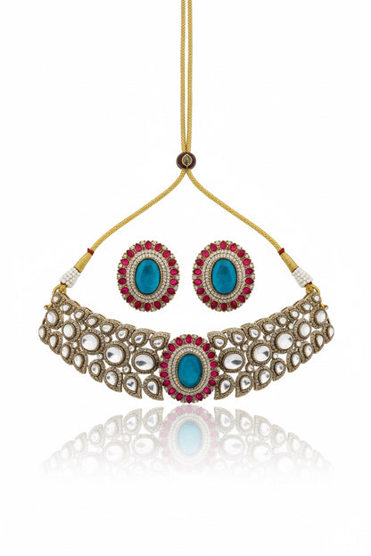 Champaign gold polish choker and big stud earrings with doublet with cubic zirconia pota ruby emerald and sapphire stone