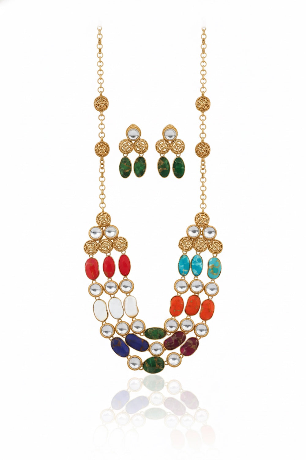 Kundan semi precious stone multi layer Long Necklace Earrings Set klnes250388