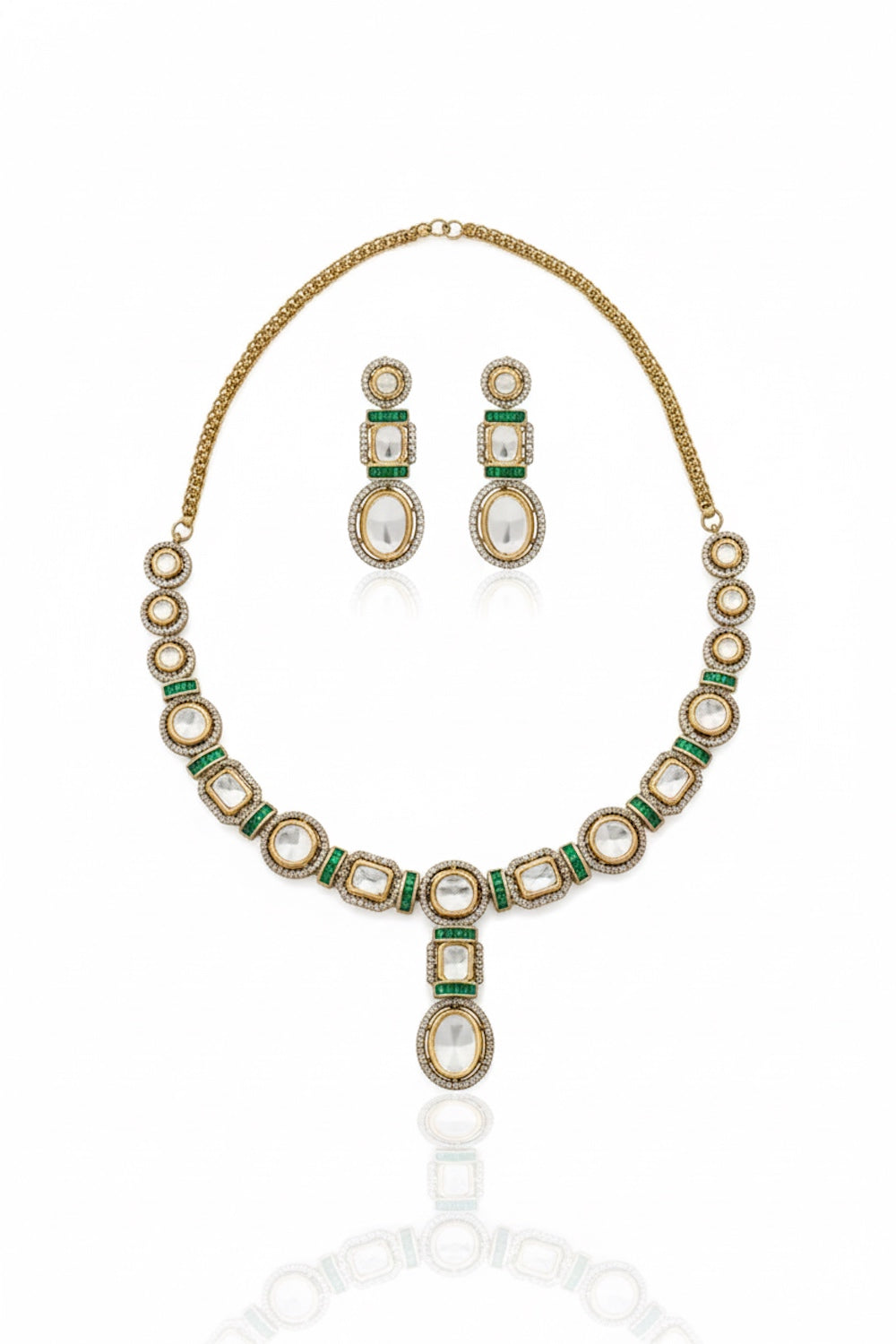 tyaani kundan moissanite polki kundan long necklace earrings with cubic zirconia and coloured stone indian bridal jewellery