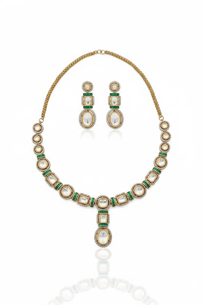 tyaani kundan moissanite polki kundan long necklace earrings with cubic zirconia and coloured stone indian bridal jewellery