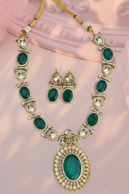 emerald green stone long necklace earrings