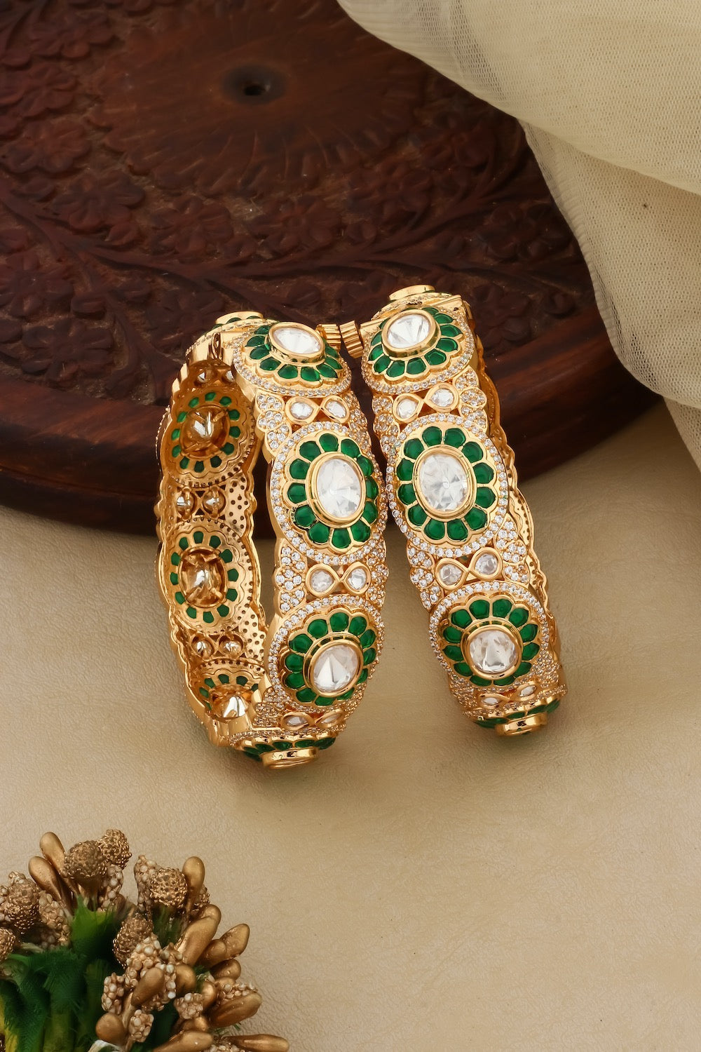 moissanite jadau green pota stone with cubic zirconia openable pair of bangles carat polish