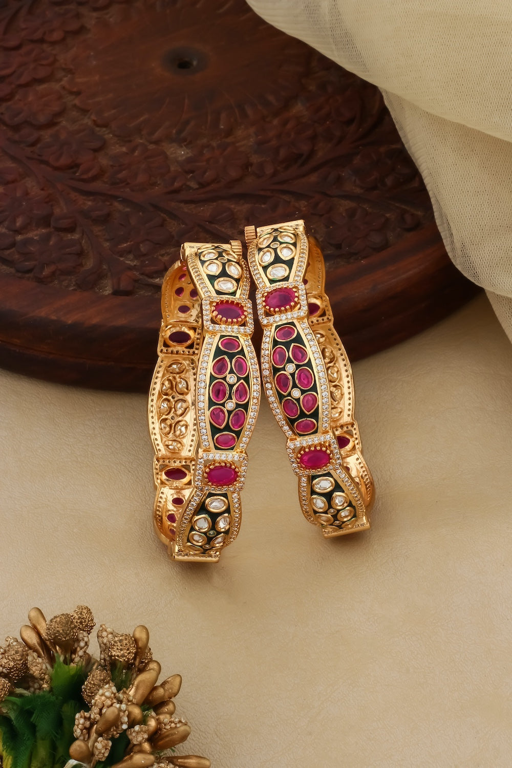 gold cz kundan Meena maisonite kundan openable bangle set