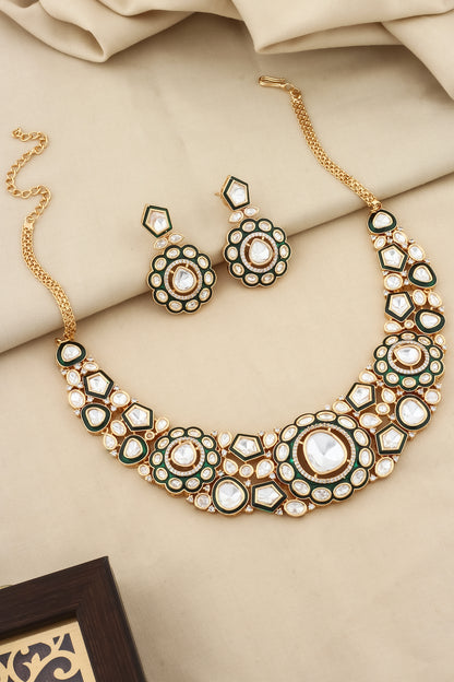 moissanite tyaani kundan gold carat polish cubic zirconia American diamond indian bridal jewellery green Meena choker necklace earrings
