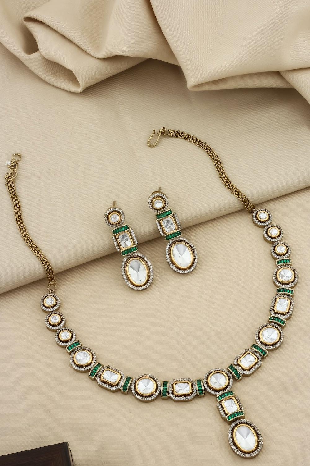 tyaani kundan moissanite polki kundan long necklace earrings with cubic zirconia and coloured stone indian bridal jewellery