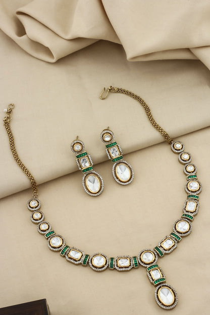 tyaani kundan moissanite polki kundan long necklace earrings with cubic zirconia and coloured stone indian bridal jewellery