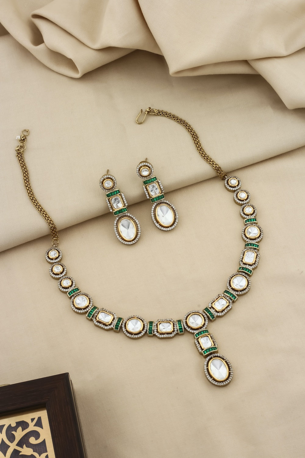 tyaani kundan moissanite polki kundan long necklace earrings with cubic zirconia and coloured stone indian bridal jewellery