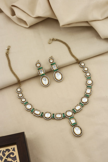 tyaani kundan moissanite polki kundan long necklace earrings with cubic zirconia and coloured stone indian bridal jewellery