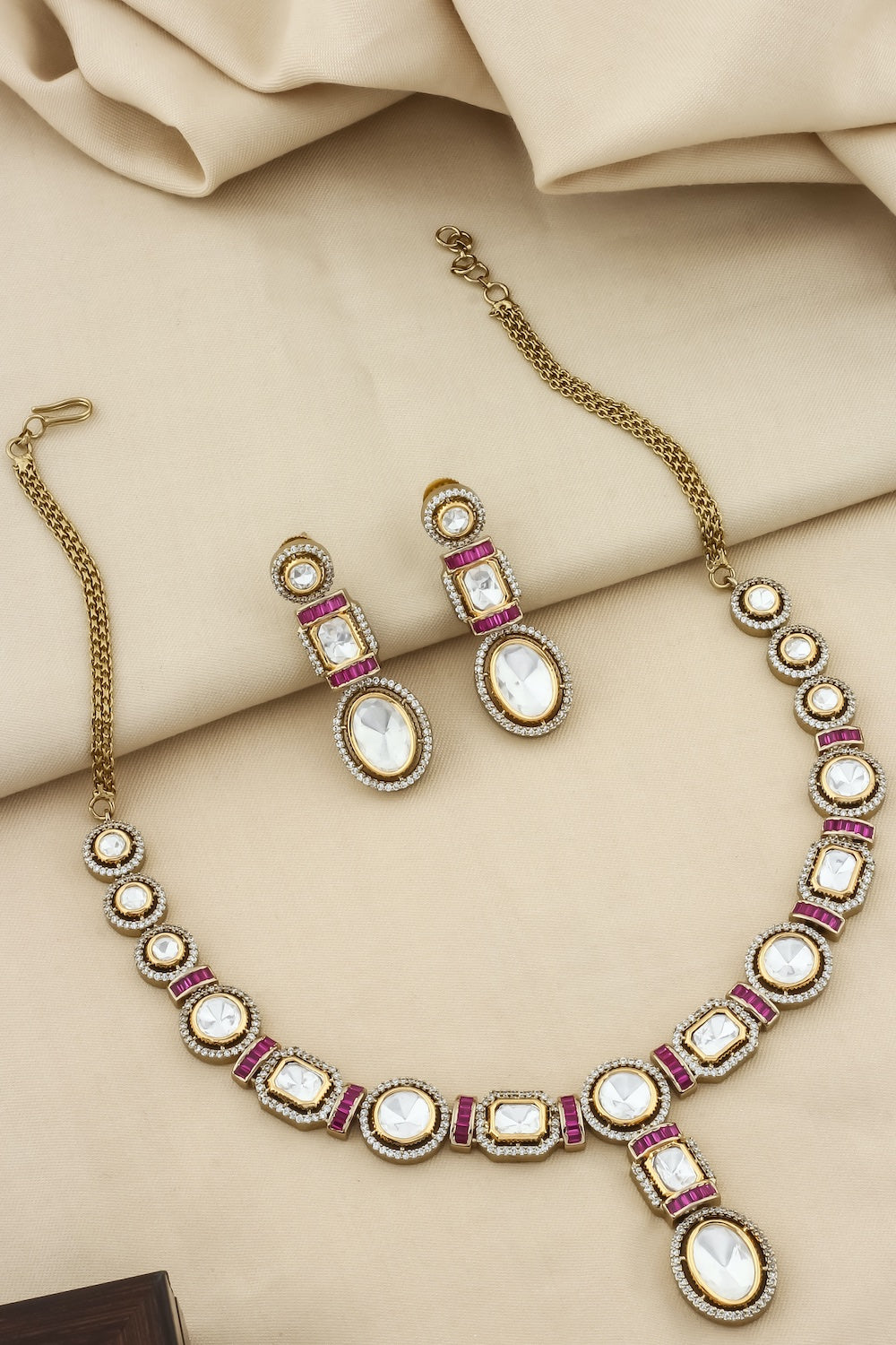 tyaani kundan moissanite polki kundan long necklace earrings with cubic zirconia and coloured stone indian bridal jewellery