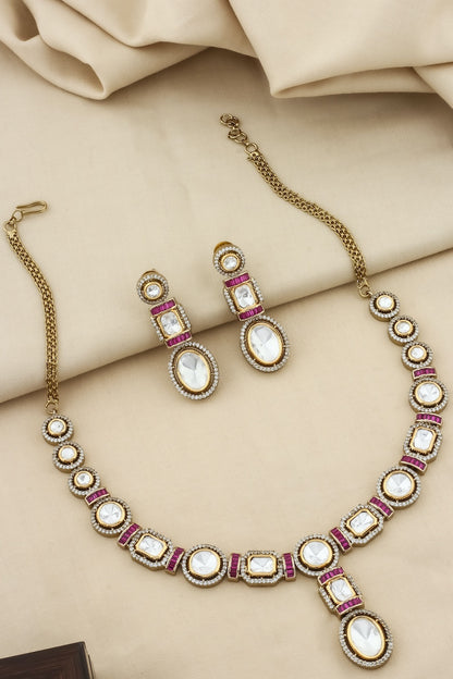 tyaani kundan moissanite polki kundan long necklace earrings with cubic zirconia and coloured stone indian bridal jewellery