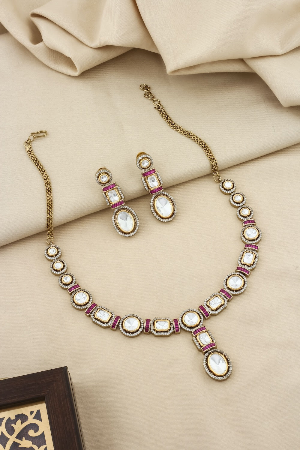 tyaani kundan moissanite polki kundan long necklace earrings with cubic zirconia and coloured stone indian bridal jewellery