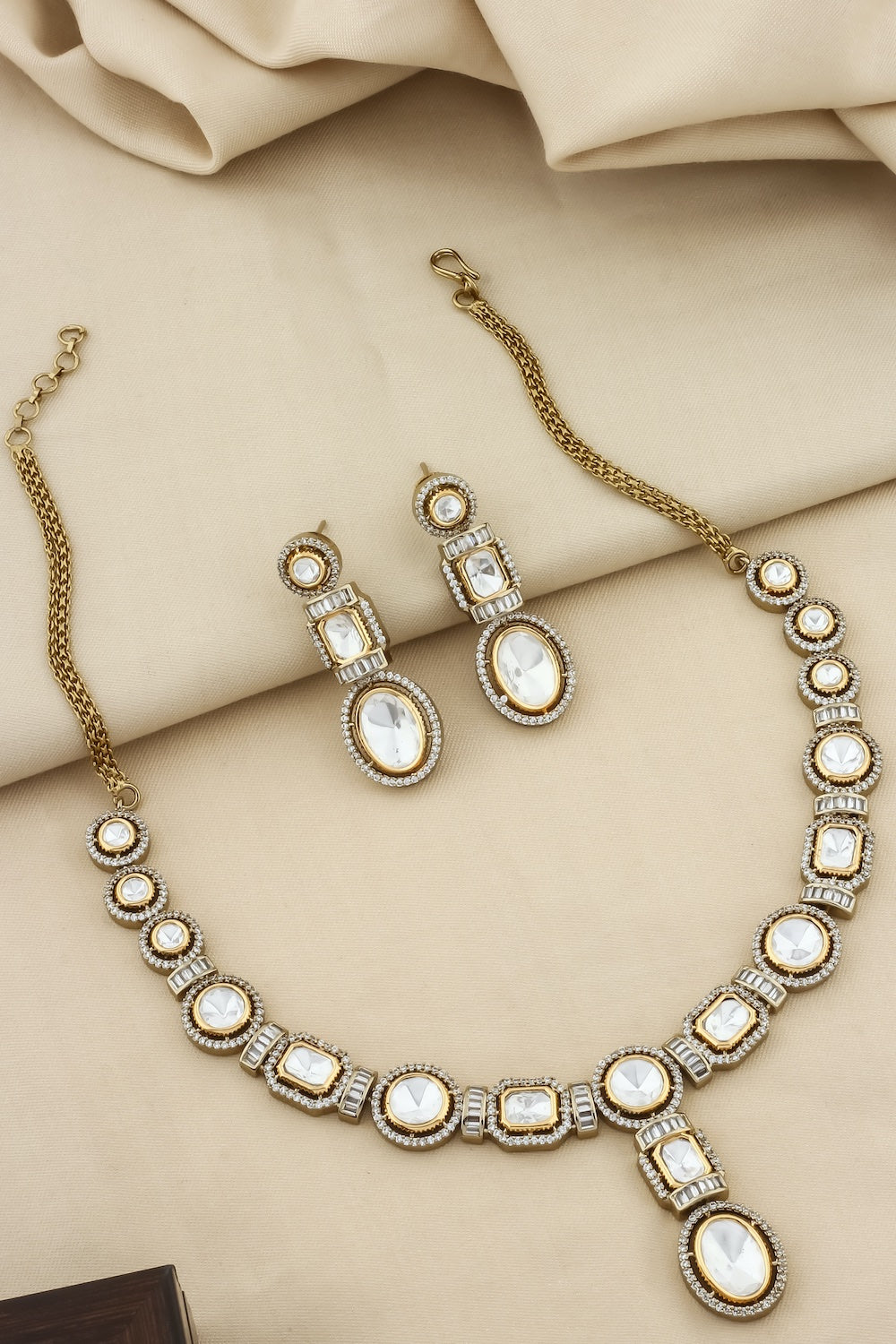 tyaani kundan moissanite polki kundan long necklace earrings with cubic zirconia and coloured stone indian bridal jewellery