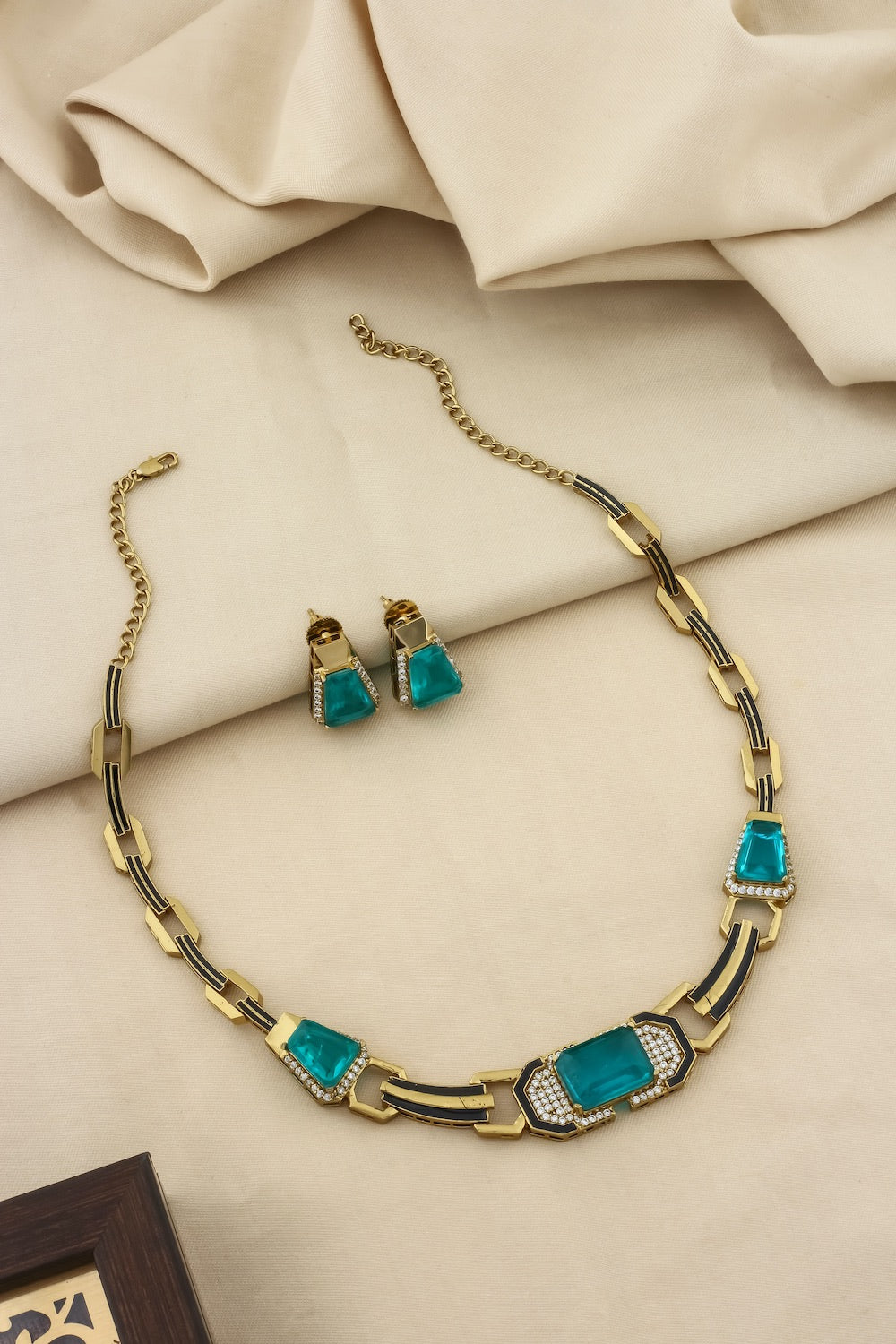 lightweight flexible western style oxidised choker necklace with black enamel and cubic zirconia indian jewellery bridal trousseau 