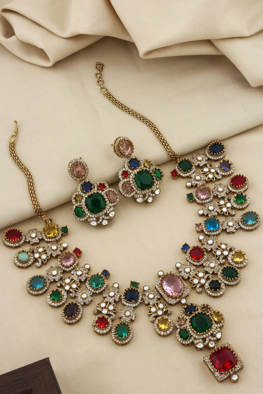 sabyasachi inspired premium stone big choker necklace with drop earrings real look alike