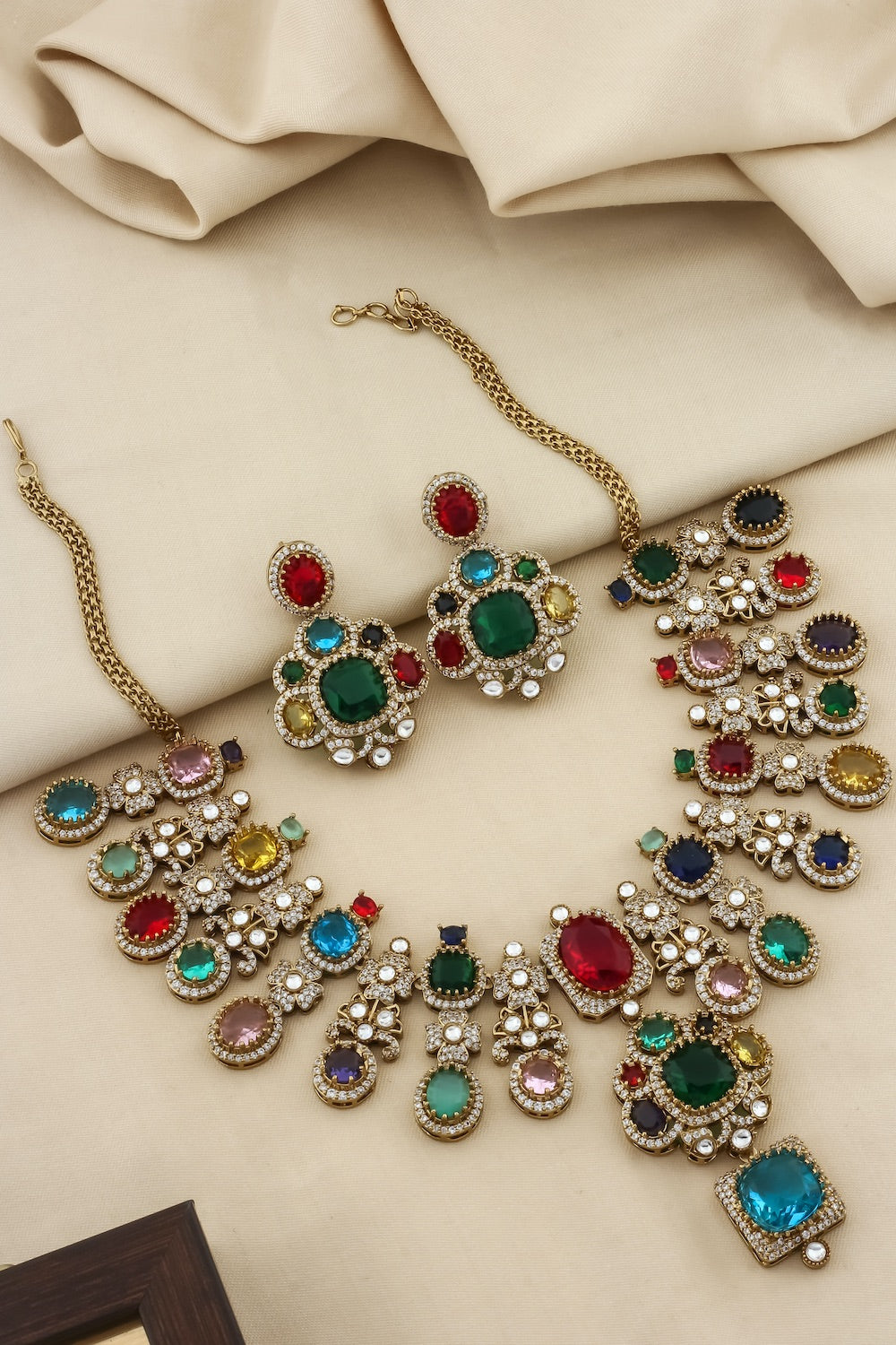 sabyasachi inspired premium stone big choker necklace with drop earrings real look alike