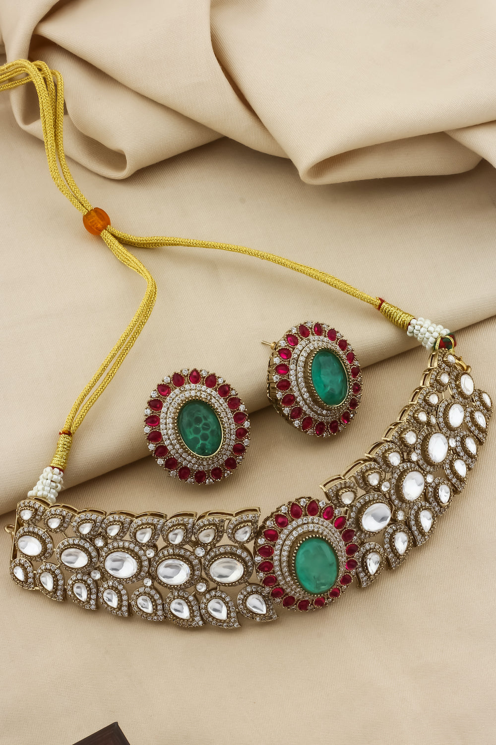 Champaign gold polish choker and big stud earrings with doublet with cubic zirconia pota ruby emerald and sapphire stone