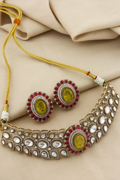 Champaign gold polish choker and big stud earrings with doublet with cubic zirconia pota ruby emerald and sapphire stone