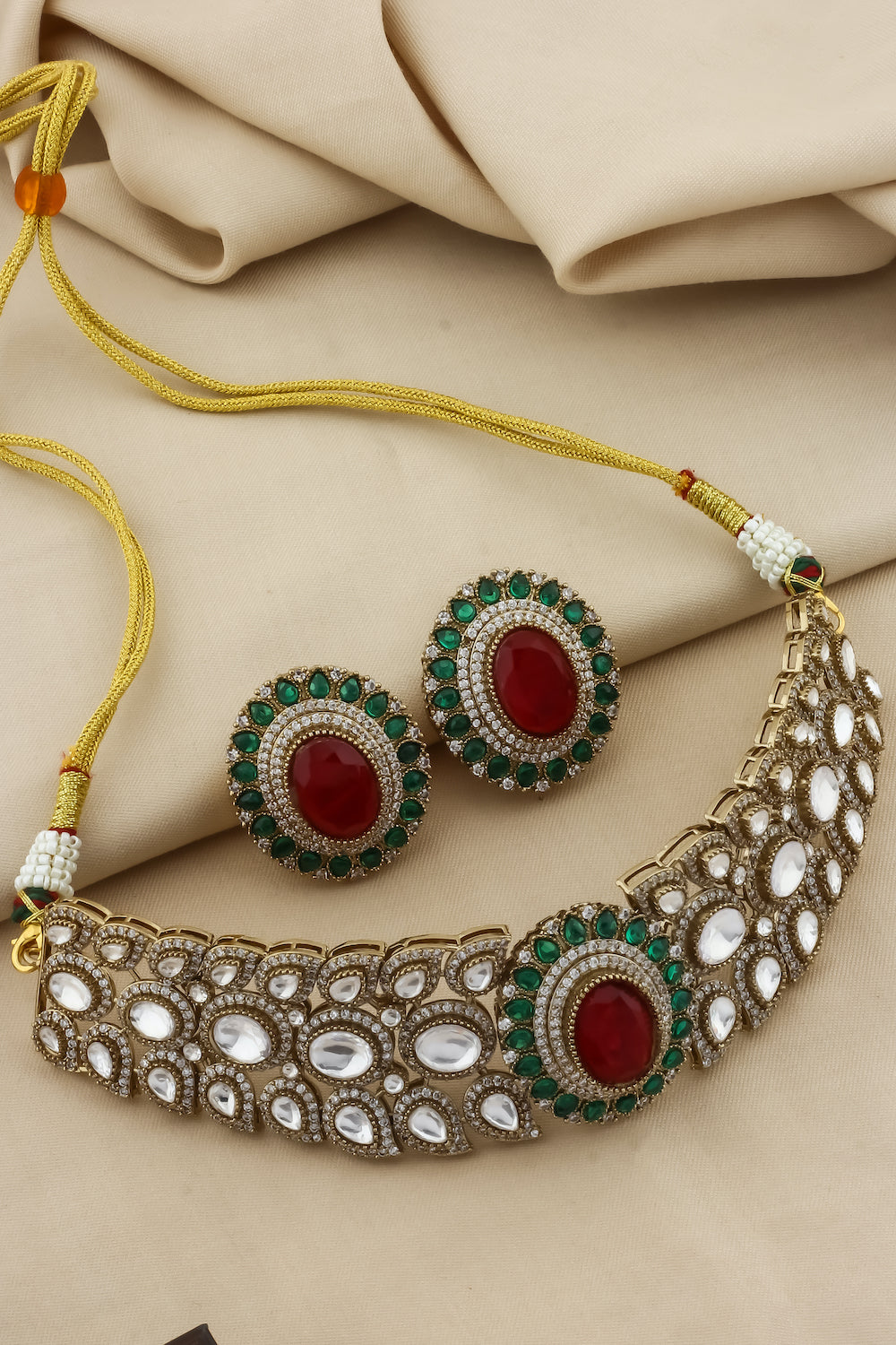 Champaign gold polish choker and big stud earrings with doublet with cubic zirconia pota ruby emerald and sapphire stone