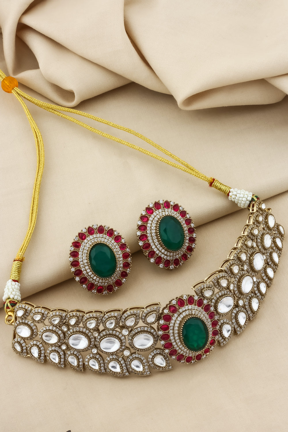 Champaign gold polish choker and big stud earrings with doublet with cubic zirconia pota ruby emerald and sapphire stone