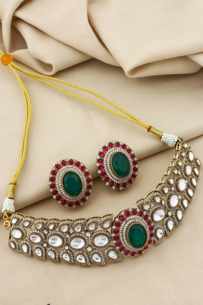 Champaign gold polish choker and big stud earrings with doublet with cubic zirconia pota ruby emerald and sapphire stone