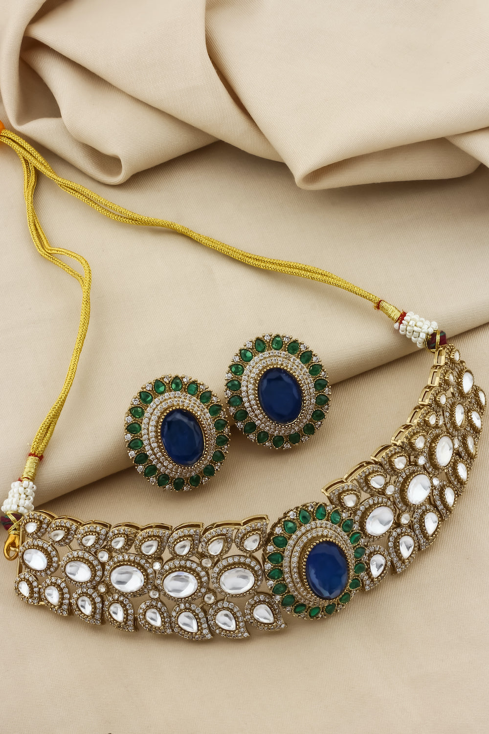 Champaign gold polish choker and big stud earrings with doublet with cubic zirconia pota ruby emerald and sapphire stone