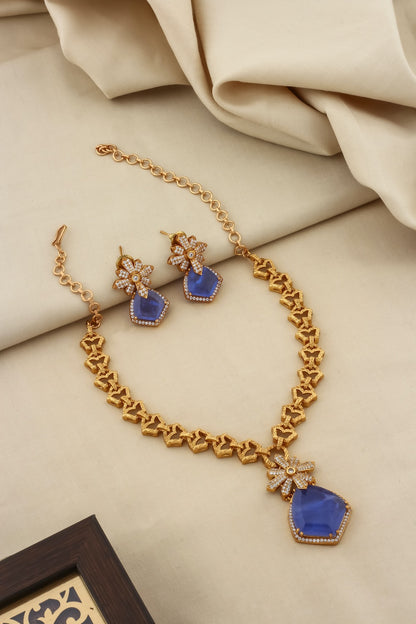 doublet pendant antique gold chain necklace with doublet and cubic zirconia floral pentagon stone western look statement set