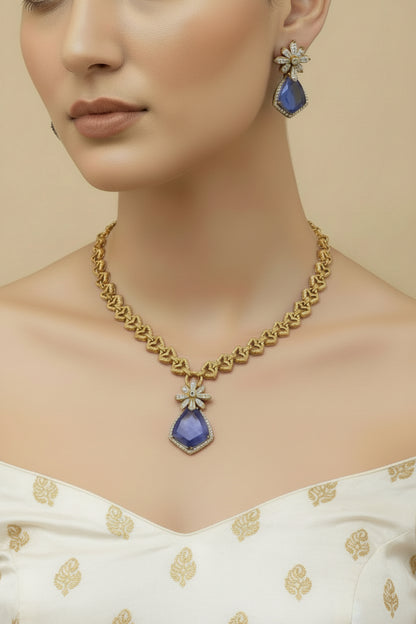 doublet pendant antique gold chain necklace with doublet and cubic zirconia floral pentagon stone western look statement set