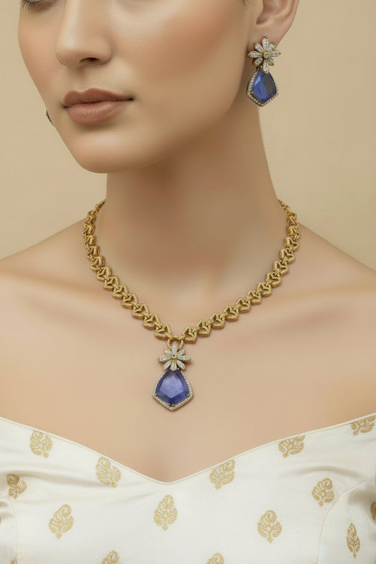 doublet pendant antique gold chain necklace with doublet and cubic zirconia floral pentagon stone western look statement set