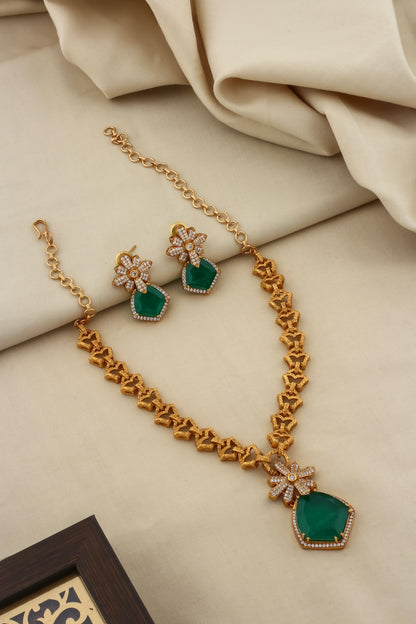 doublet pendant antique gold chain necklace with doublet and cubic zirconia floral pentagon stone western look statement set