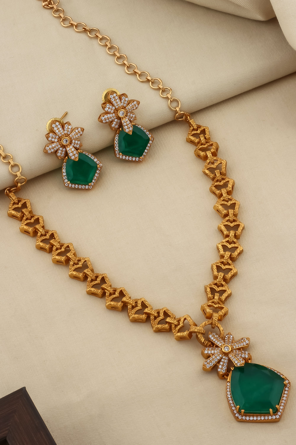 doublet pendant antique gold chain necklace with doublet and cubic zirconia floral pentagon stone western look statement set